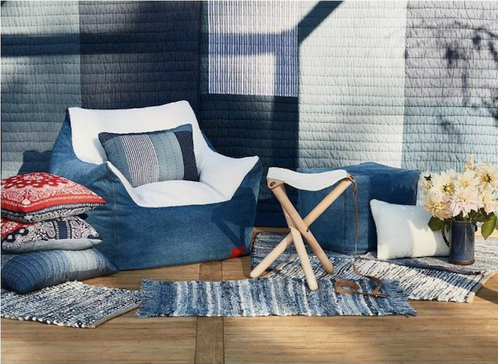 an assortment of denim inspired home furnishings and decor