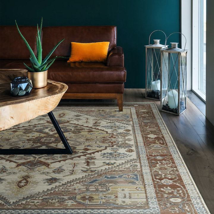 A brown toned medallion style rug in living room