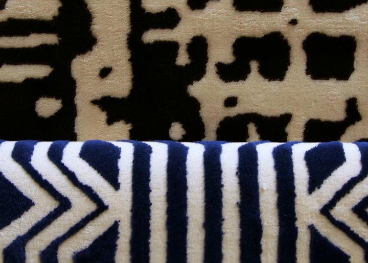 detail of blue and white geometric rug