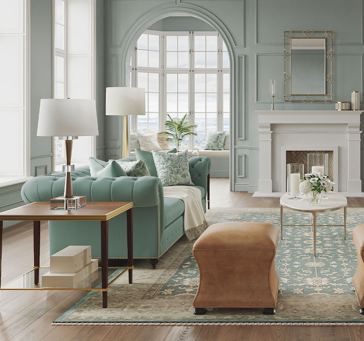 Ethan Allen's new Mansfield sofa showcased atop the hand-knotted  Mughal Mahal Sea Blue Floral rug in a trending green living room vignette