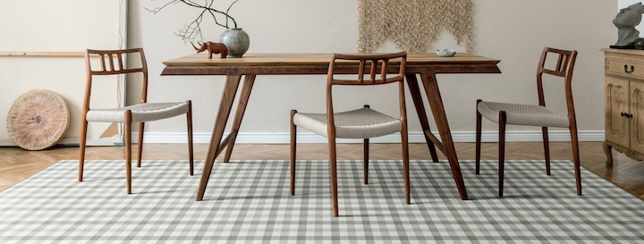 A plaid custom size rug from J. Mish in dining scene