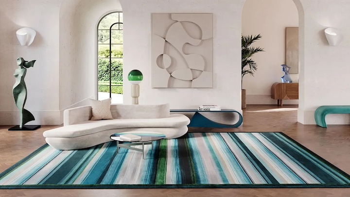 Missoni Home's new Deep Stripe rug in living room